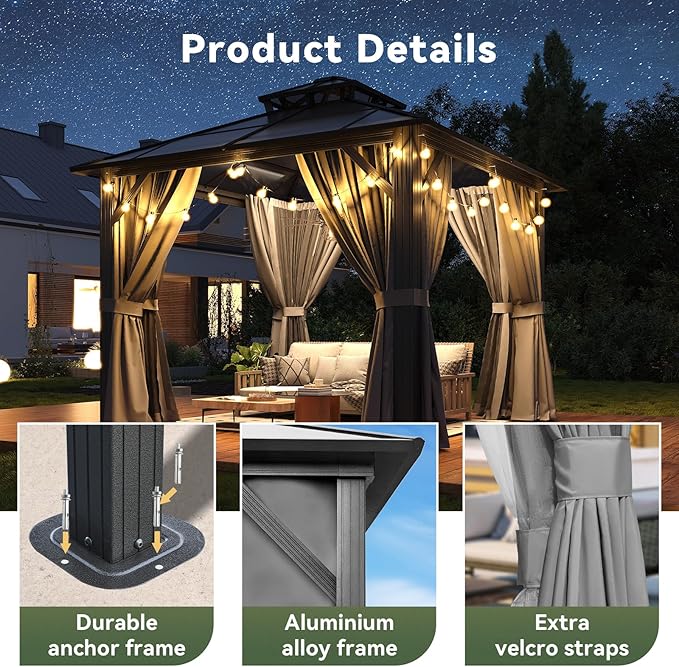 10’x10’ Hardtop Gazebo with Double Polycarbonate Roof Outdoor Metal Gazebo Sturdy Aluminum Frame & Removable Curtains, Netting Permanent Pavilion Pergola for Garden,Patio,Lawn (Gray)