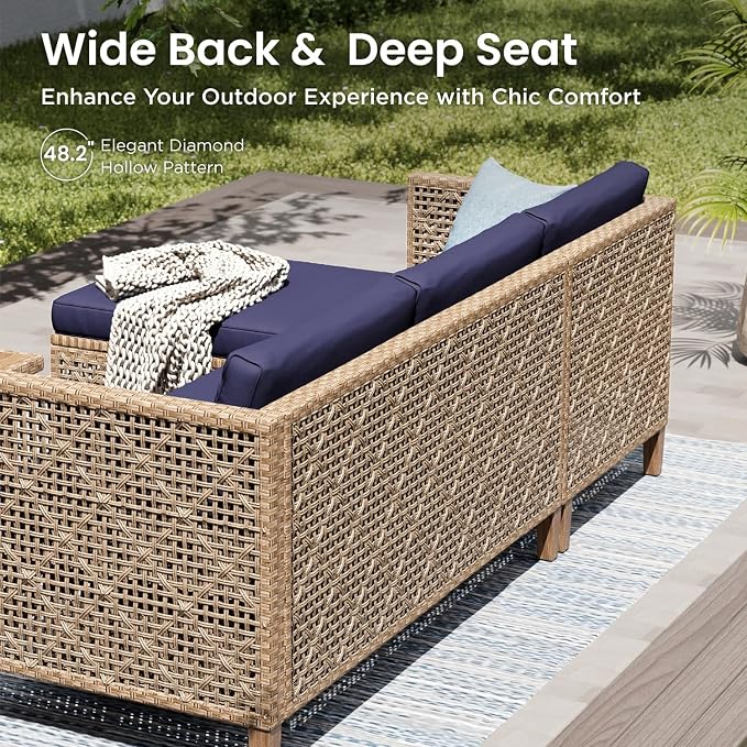 PHI VILLA Wicker Patio Furniture Set, Rattan Patio Sectional Sofa Outdoor Couch Set with Acacia Wood Coffee Table, 7 Pieces U-Shaped Patio Conversation Set for Backyard Porch, Navy Blue Cushion
