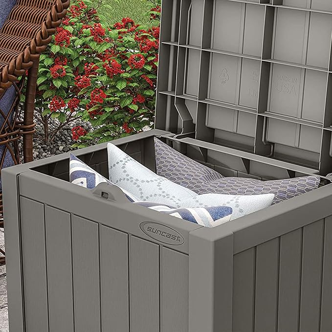 Suncast 22 gallon Indoor/Outdoor Backyard Patio Small Storage Deck Box with Attractive Bench Seat and Reinforced Lid, Stone (3 Pack)