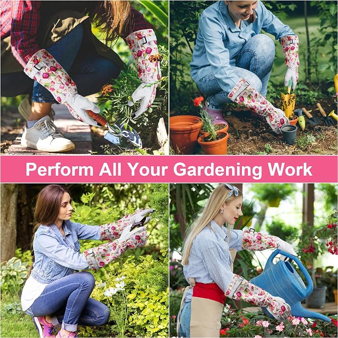 DLY Garden Gloves for Women,Gardening Gloves,Garden Gift for Lady,White,L | Thornproof Cowhide Palm, Foam-Padded Grip, Long Tulip Print Cuff, 3-Finger Touchscreen, Rose Pruning, Gardening & Yard Work