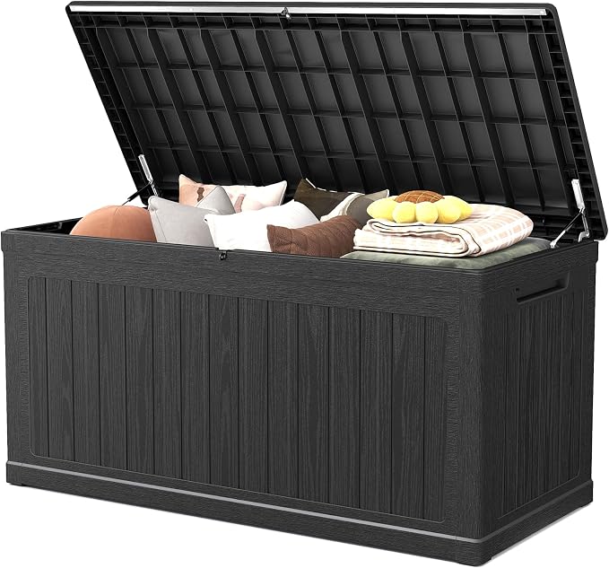 Skepphlay 260 Gallon Deck Box Large Outdoor Storage Box, Waterproof Pool Storage Cushion Boxes Bin, 440 lbs Load Capacity Black Outdoor Storage Bench for Garden, Patio