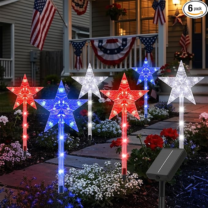 Lewondr 4th of July Decorations Outdoor, 6Pcs Solar Pathway Lights with 90 LEDs, 8 Modes Red White and Blue Star Fouth of July Decor, Waterproof Patriotic Solar Lights for Yard Garden Independence Day