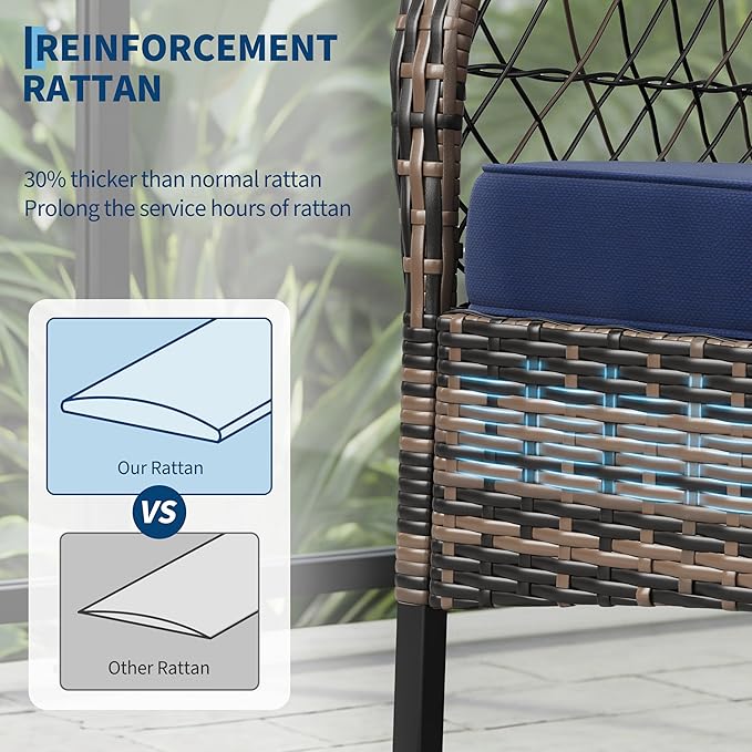 Outdoor Wicker Rocking Chair Set of 3 Pieces, Patio Furniture with Rattan Rocker Chairs, Glass-Top Coffee Table and Beige Washable Cushions for Garden, Balcony, Porch (Brown Wicker & Blue Cushions)