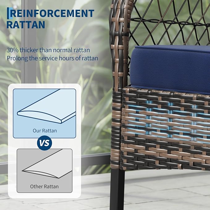 IDEALHOUSE 3 Piece Wicker Patio Rocking Chair Set, Outdoor Rattan Conversation Set with Coffee Table & Blue Cushions, All-Weather Bistro Furniture for Porch Garden and Balcony