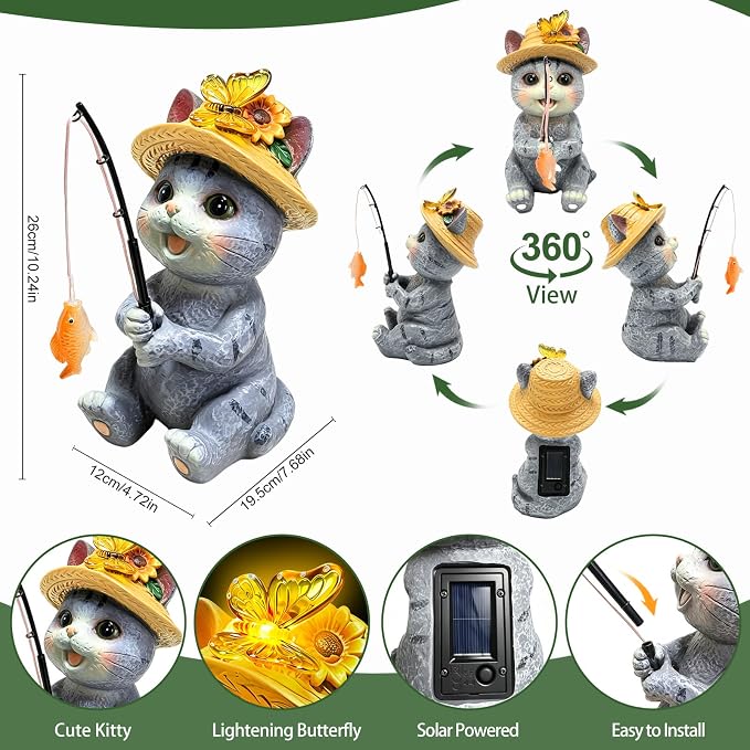 Solar Garden Cat Statues, Outdoor Fishing Cat with Butterfly Solar Lights | Birthday Gifts for Cat Lovers Mom Women, Waterproof Garden Figurines for Yard Decor, Patio Porch Lawn Ornaments
