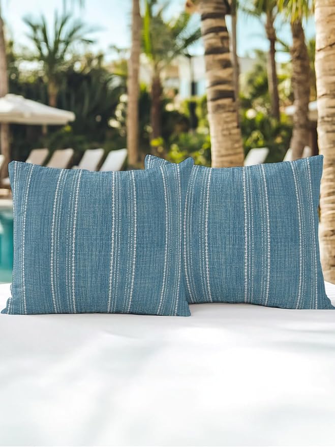 Waterproof Outdoor Pillow Set of 2 Coastal Blue Linen Stripes Decorative Throw Pillows Cover & Insert 16x16 Inch Pillowcase Parallel Vertical Lines Pillows for Couch Sofa Bed Patio Furniture