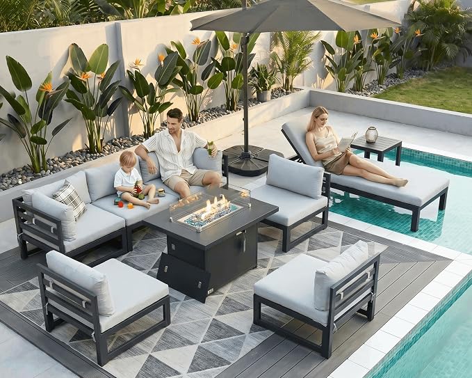 NICESOUL 9 Piece Large Modern Aluminum Outdoor Patio Furniture Set with Lounge & Fire Pit Table, 29" Wide Deep Seating, All Weather Sectional Sofa, 500 lbs Heavy Duty Deck Conversation Set, Light Gray