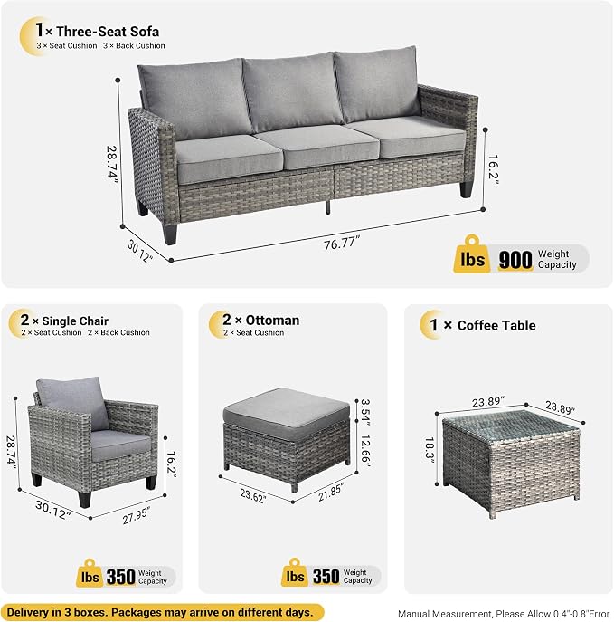 ovios 6 Pieces Patio Furniture Set, Outdoor Wicker Rattan Sofa Couch with Glass Table, Chairs, Comfy Cushions, Conversation Sets for Porch Deck Garden, Dark Grey