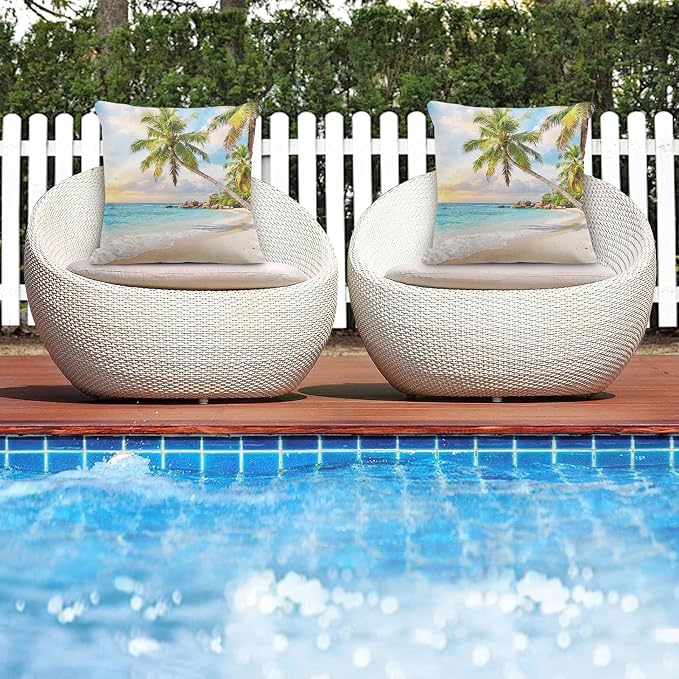 Throw Pillow Covers, Beach Tropical, 18 x 18 Inch, Set of 2 | Ocean Coastal Farmhouse Outdoor Waterproof Square Cushion Case Garden Decorative Pillows for Couch Patio