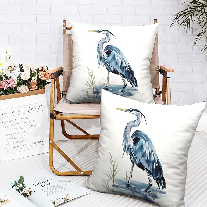 Pelican Throw Pillow Covers 20x20 Watercolor Heron Pillow Covers Set of 2 Summer Bird Pattern Double Sided Printing Pillow Case for Sofa Patio Living Room, Cotton Linen