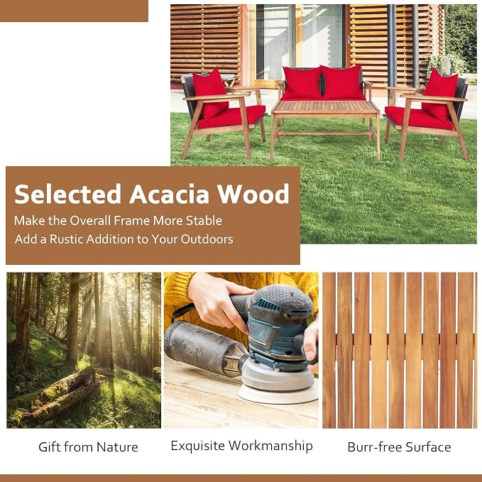 Tangkula 4-Piece Patio Furniture Set, Outdoor Acacia Wood Conversation Set with Cushions and Coffee Table, Outdoor PE Wicker Sectional Sofa Set for Garden, Poolside and Backyard (1, Red)