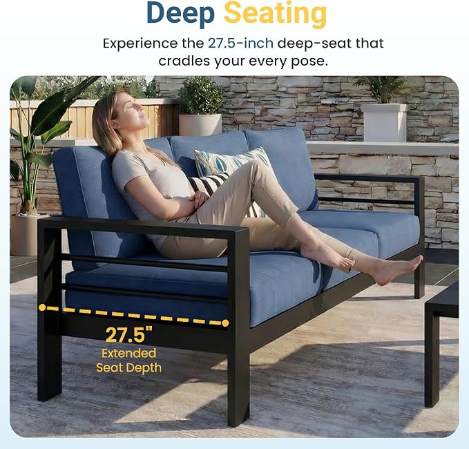 Wisteria Lane 5 Pieces Aluminum Patio Furniture Set with Umbrella, All Weather Oversized Outdoor Furniture Set with Deep Seat and Back Cushion, Patio Conversation Sets with Wide armrest, Blue & Kahki