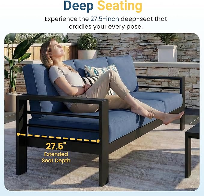 Wisteria Lane 5 Pieces Aluminum Patio Furniture Set with Umbrella, All Weather Oversized Outdoor Furniture Set with Deep Seat and Back Cushion, Patio Conversation Sets with Wide armrest, Blue & Gray