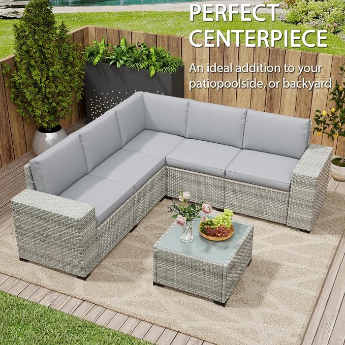 6 Piece Patio Furniture Set, 8" Wide Arm Sectional Sofa Set with Coffee Table, High-Back All-Weather Rattan Outdoor Conversation Set for Garden, Porch, Lawn, Gray
