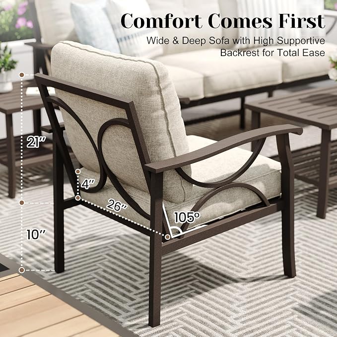 FansaFurn 7-Pieces Outdoor Patio Furniture Set, Outdoor Metal Sectional Furniture with Cushions, Outdoor Conversation Seating Set with Coffee Table for Garden, Balcony, Deck, Backyard, Khaki