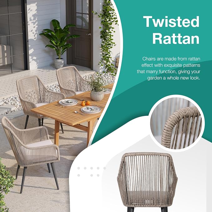 Patiorama 7-Piece Outdoor Dining Set, Patio Wicker Dining Table Chair Set with 55"-71" Acacia Wood Expandable Table & Twisted Rattan Rope Chairs, All-Weather Dining Furniture Set for Yard Garden, Tan
