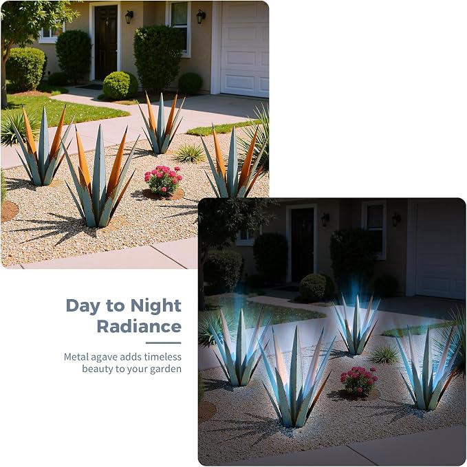 KODIBO 24" Metal Agave Plant Outdoor Decor with Solar Light, Vintage Blue | Solar-Powered Tequila Rustic Sculpture, Waterproof Material, Outdoor Patio Lawn Ornament Yard Stakes, Gift for Garden Lovers