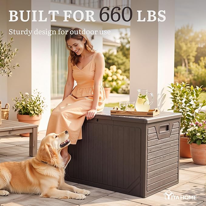 YITAHOME XXL 230 Gallon Extra Large Outdoor Deck Box, Lockable Resin Double-Wall Storage Box and Waterproof Patio Furniture Bin for Garden Tools & Pool Accessories, Brown