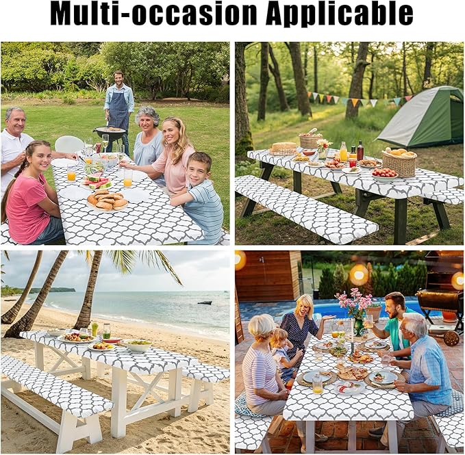 Smiry Picnic Table Cover with Bench Covers, Waterproof Elastic Fitted Tablecloth for 6 Foot Tables, Washable Polyester Tablecloths for Camping, Indoor & Outdoor (White, 30x72 Inch 3-pc Set)