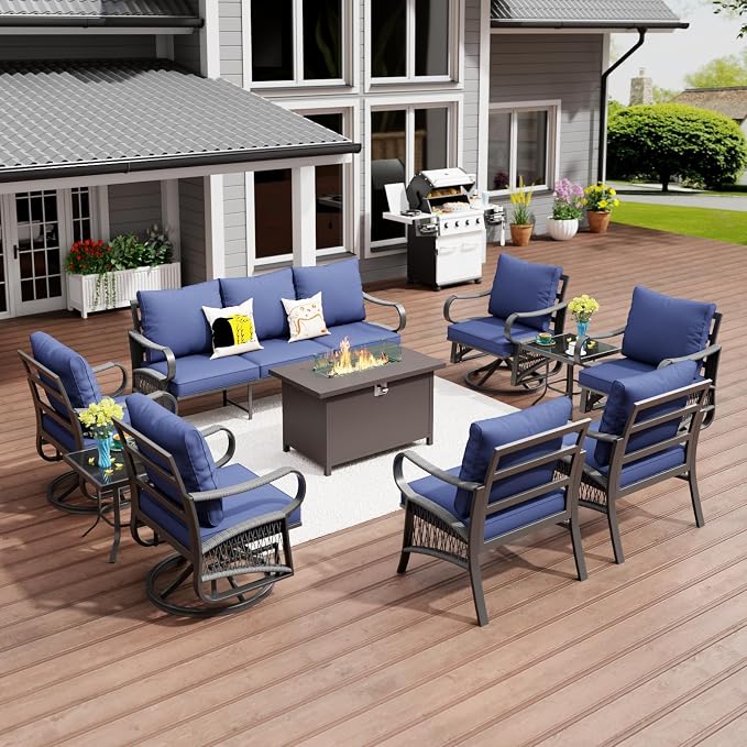 10 Piece Patio Furniture Set with 50000 BTU Propane Fire Pit Table, All Weather Outdoor Conversation Set with 4 Swivel Chairs, Sofa and Thick Cushions for Garden, Porch, Lawn, Blue