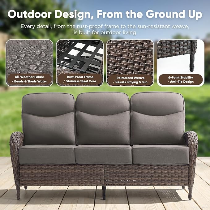 HUMMUH 5-Piece Patio Furniture Set with Upgraded 6" Thick Cushion - High Back Outdoor Swivel Rocker Chairs with 3-Seater Sofa,Ottomans,Wicker Outdoor Conversation Set for Deck,Porch,Yard,Poolside