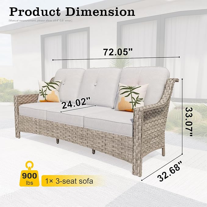 HOOOWOOO Patio Couch,Outdoor Wicker 3 Seater Sofa,All Weather Resistant High Back Rattan Deck Matching Furniture(Denim Blue)