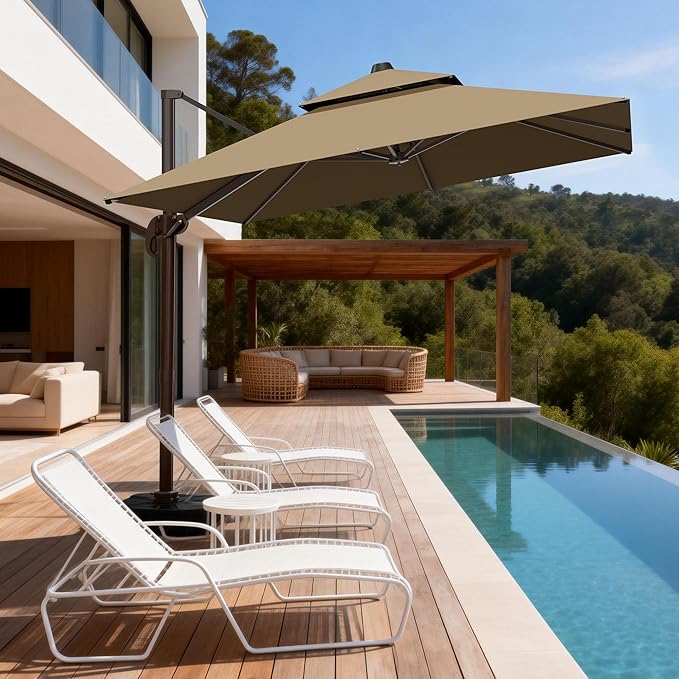 10x10Ft Patio Umbrella Outdoor Cantilever Rectangle Umbrella, 6-Level Tilt & 360° Rotation Offset Umbrella for Garden, Deck, Pool(Brown)