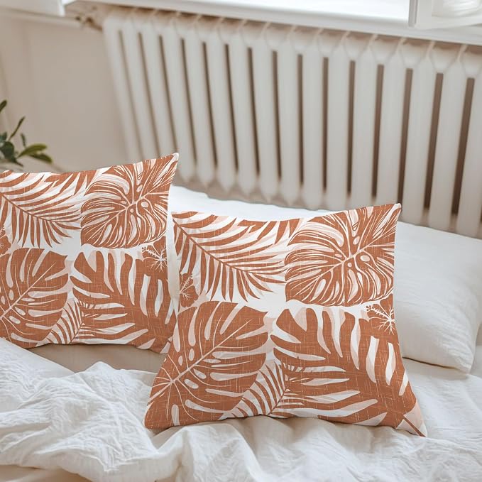 Burnt Orange Palm Leaves Outdoor Pillow Covers 26"x26" Set of 2, Tropical Botanical Minimalist Modern Waterproof Throw Pillow Covers for Patio Furniture, Decorative Cushion Covers for Porch