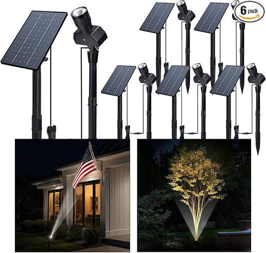 All Night Solar Spot Lights 2500mAh, Adjustable Angle Landscape Lights Waterproof, Separate Panel LED Uplight Dusk to Dawn, 5 Lighting Modes for Plant Flag Sign Bush 6 Pack