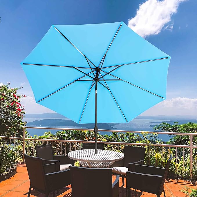 Sundale Outdoor Solar 80 LED 9 ft Patio Umbrella with Sand Bag Umbrella Base, Outdoor Umbrella with Tilt and Crank, Sky Blue
