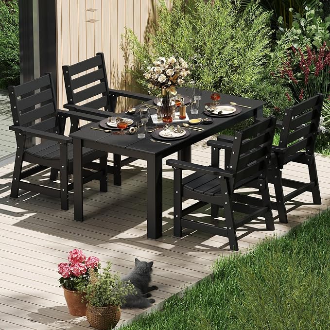 IVY&LANE Outdoor Dining Table | HDPE | 67’’ Rectangle Tables | Black | All Weather | Umbrella Hole | Patio Furniture | for Poolside Lawn Garden Backyard