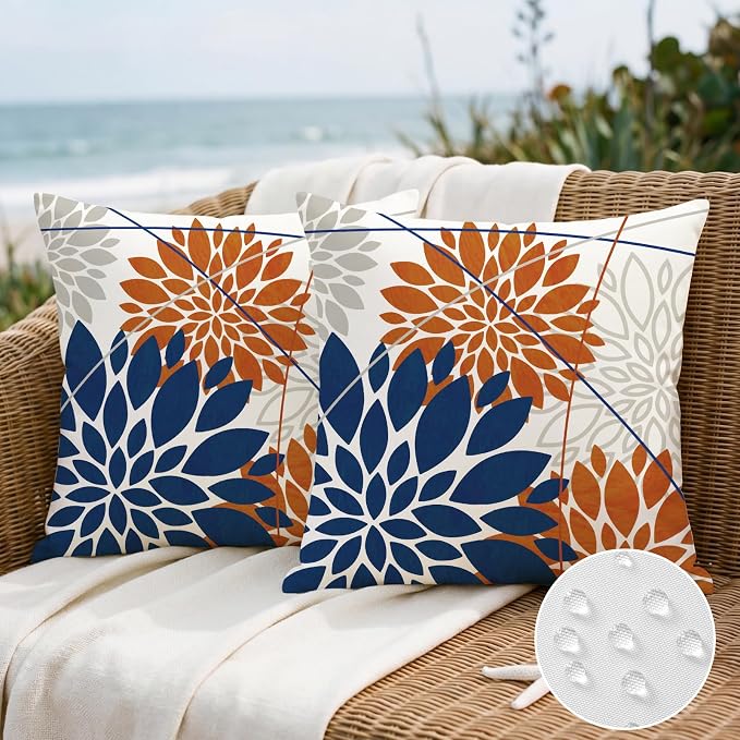 OTOSTAR Outdoor Dark Blue Orange Pillow Covers 20x20 Inch Set of 2 Beige Flower Throw Pillows Farmhouse Geometric Dahlia Floral Square Cushion Case Waterproof Decor for Sofa Patio Funiture Garden