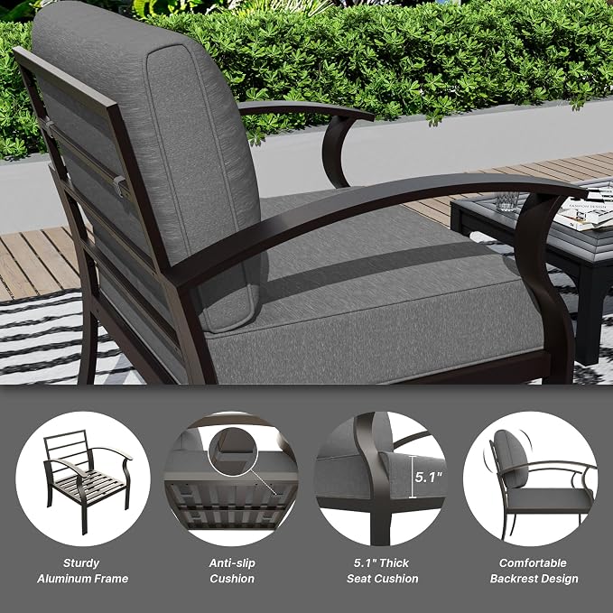 Gotland 8 Seats Outdoor Metal Patio Furniture Set with 55,000 BTU Gas Fire Pit Table w/Glass Wind Guard Patio Conversation Sectional Sofa Sets-Grey