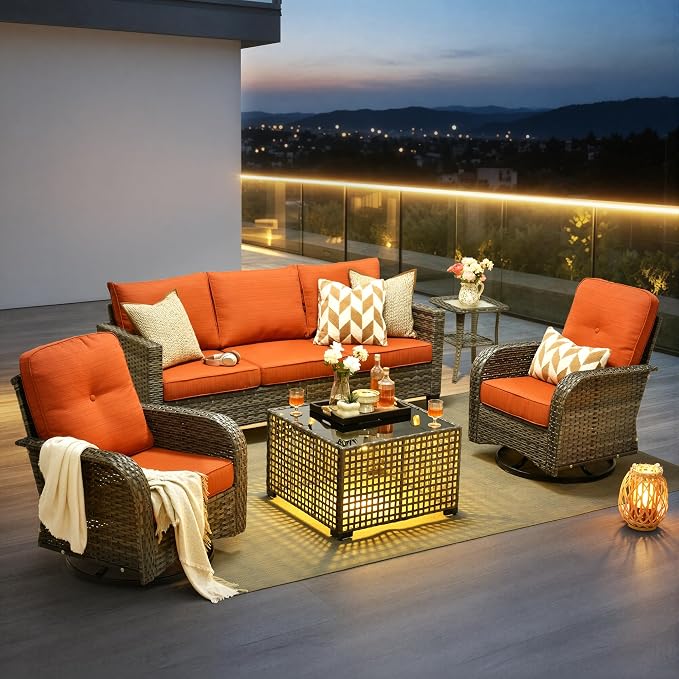 CAODOC Patio Furniture, All Weather Wicker 6 PCS Outdoor Sofa with High Back Swivel Rocker Chairs, Conversation Set with Solar Light Coffee Table,Light Rattan Red Cushion