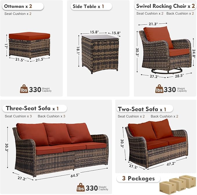 MEISSALIVVE 7 Pieces Patio Furniture Set with Swivel Chair, Wicker Patio Sofa, Rattan Conversation Set with Three-seat Sofa, 2 Ottomans and Loveseat for Lawn Backyard (Red)