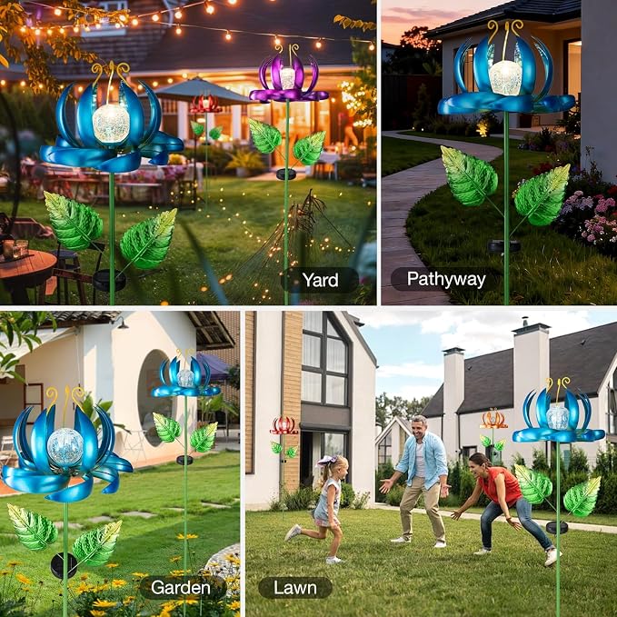 Solar Yard Lights Wind Spinners- Metal Lotus Flower Garden Decor LED Crackle Glass Globe Yard Art Sculpture Solar Stake Lights for Patio Pathway Lawn Walkway (Blue-Large)