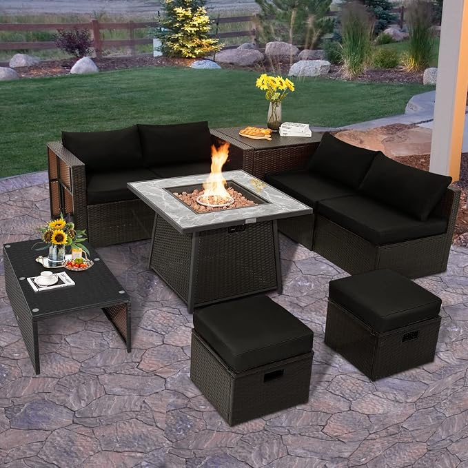 Tangkula 9 Pieces Outdoor Patio Furniture Set with 35-Inch Propane Fire Pit Table, Outdoor PE Wicker Sectional Sofa Set with Storage Box and Cushions, 50,000 BTU Gas Fire Pit Table (Black)