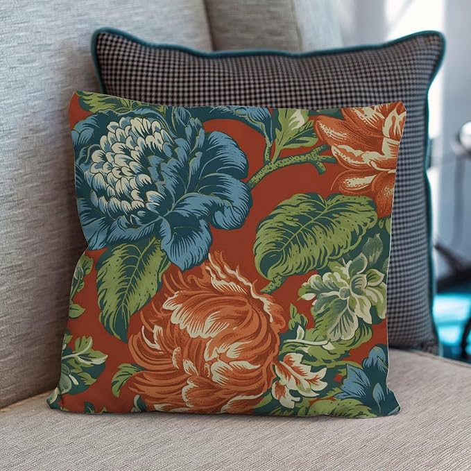 Blue Floral Chinoiserie on Orange Throw Pillow Covers Peony Chic Asian Pillowcase 24x24 INFarmhouse Accent Square Couch Sofa Cushion Covers for Couch Garden Tent Balcony