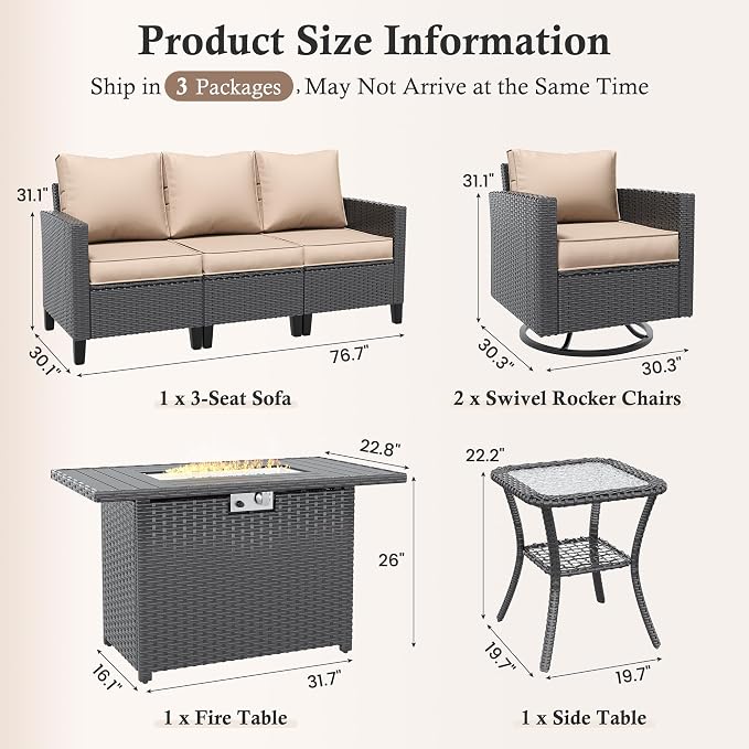 Amopatio Patio Furniture Set with Fire Pit Table, Wicker Outdoor Sectional Sofa with Swivel Rocker Chairs, All-Weather Rattan Conversation Set, Waterproof Cover for Backyard, Deck Black/Khak 5 PCS