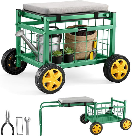 Saker Rolling Garden Cart with Seat & Wheels 15.7" EVA Padded Stool 500lb | Steel Frame,Storage Basket, Basic Version, for Patio, Lawn, Yard – Mobile Workseat for Gardening Tasks (Basic Version)