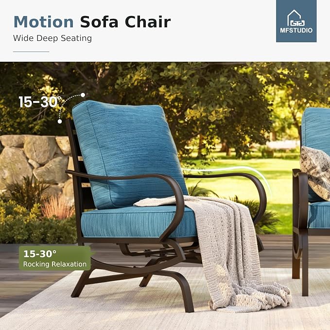 MFSTUDIO 4 Piece Patio Conversation Sets, All Weather Metal Frame Outdoor Furniture Set Patio Sofas with 1 x 45 Rectangular Fire Pit Table, 1 x 3-Seat Sofa, 2 x Rocking Chairs, Peacock Blue Cushion