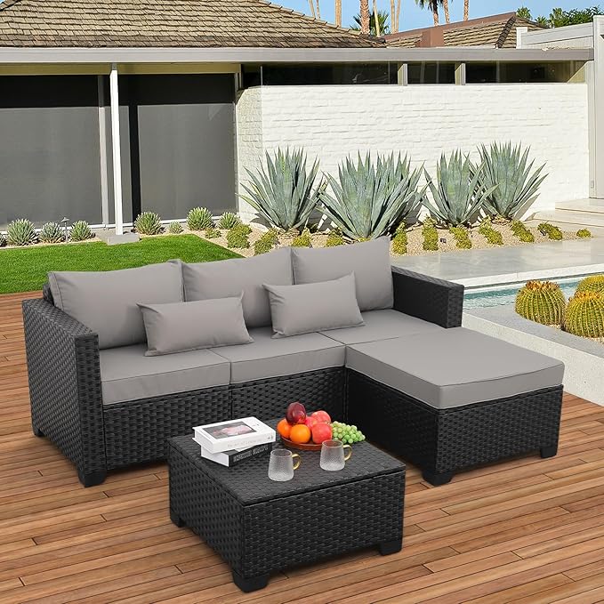 Rattaner 3 Pieces Patio Furniture Set Outdoor Sectional Wicker Patio Furniture Patio Couch with Ottoman and Outdoor Storage Table All-Weather Anti-Slip Cushions Waterproof Covers, Light Grey