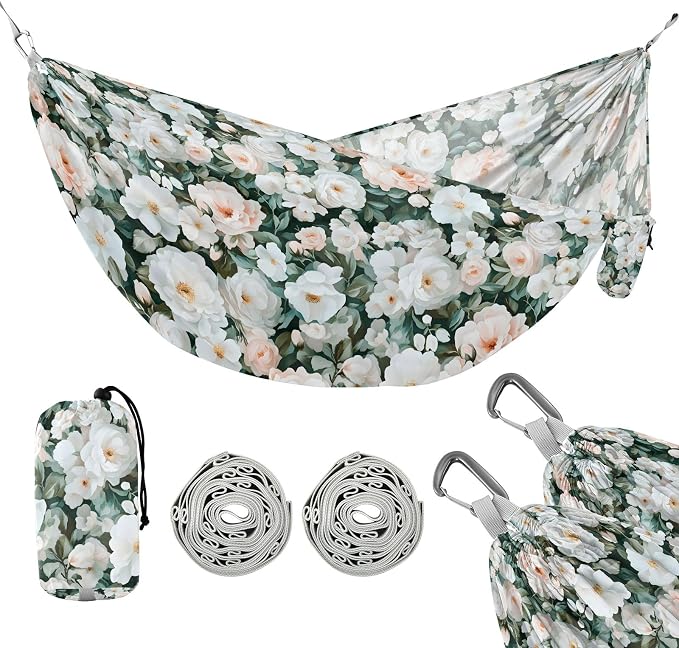 Camping Hammock Outdoor Hammocks for Outside White Camellia Flower Beach Trees Portable Lightweight with Pockets Tree Straps Indoor