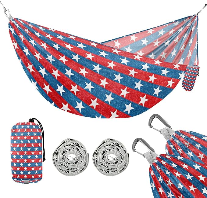 Patriotic Stars Camping Hammock, Portable Lightweight Single Hammock with Tree Straps and Aluminum Carabiners, 114" x 54" Travel Hammock for Hiking Backpacking Beach