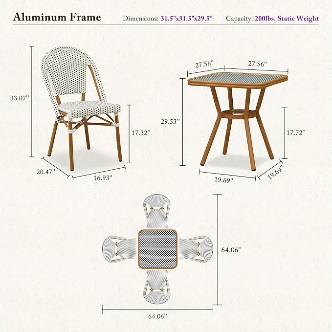 PURPLE LEAF 5-Piece French Bistro Dining Set Square Outdoor Patio Table and 4 Armless Chairs Tempered Glass Top PE Rattan Bamboo Print Finish Aluminum Frame White