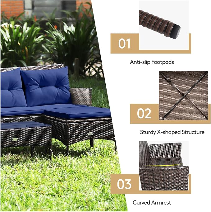 HAPPYGRILL 3 Piece Outdoor Rattan Conversation Set Patio Furniture Set with Tempered Glass Coffee Table, 5 Elastic Seat & Back Cushions, Sectional Sofa Set for Poolside Balcony Backyard