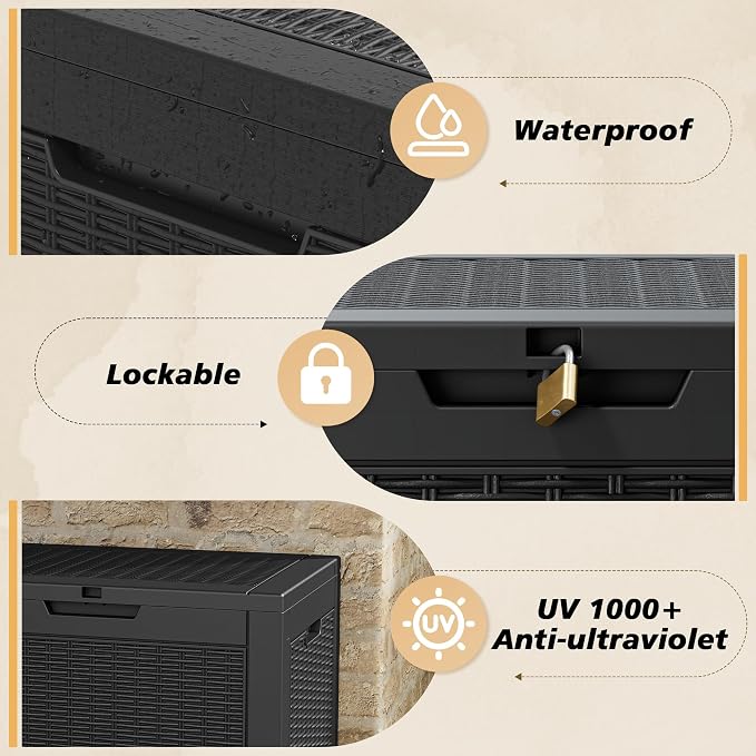 Fancyango 31 Gallon Outdoor Deck Box Waterproof, 2 Packs Storage Box for Patio, Resin Storage Bench Lockable for Garden Tools, Package Delivery, Black