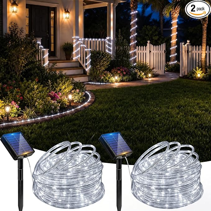 Solar Rope Lights, 2 Pack 33FT 100 LED Solar Fairy Lights with 8 Lighting Modes, IP65 Waterproof Strip Light Outdoor for Garden Yard Patio Deck Fence Tree Party Holiday Decoration, Cold White