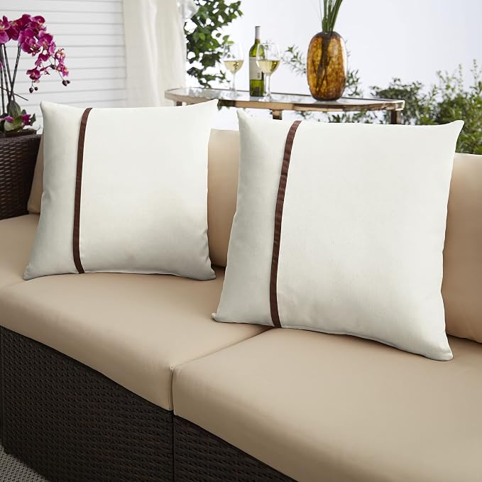 Sorra Home Indoor Outdoor Sunbrella Square Pillows, Set of 2, 16x16, Canvas Natural Ivory & Canvas Brown