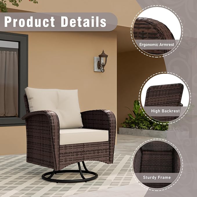 7 Piece Patio Conversation Set – 2 Swivel Rocking Chairs, 2 Coffee Tables & 3-Seater Sofa | PE Wicker Patio Sectional | Heavy-Duty Steel Frame & Weatherproof Cushions, Beige